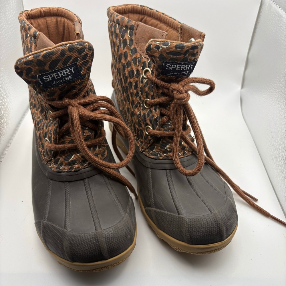 Sperry Saltwater Leopard Print Duck Boots Brown Kids Girls Waterproof Shoes - Picture 2 of 11